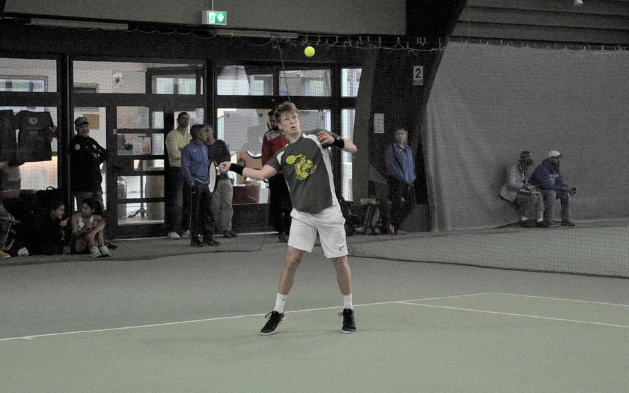 SHAPE's Noah Banken returns a shot against Wiesbaden's Benjamin Petrik on Thursday at Vitis Tennis Center in Wiesbaden, Germany. Banken won the boys singles preliminary match in the 2018 DODEA-Europe tennis tournament 6-0, 6-0. 
