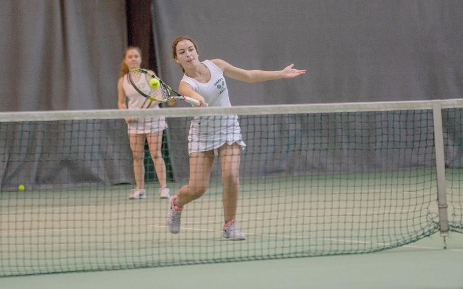 The doubles team Janigova and Ruiz return a volley during the semifinals of the DODEA-Europe tennis championships in Wiesbaden, Germany, Friday, Oct. 26, 2018.