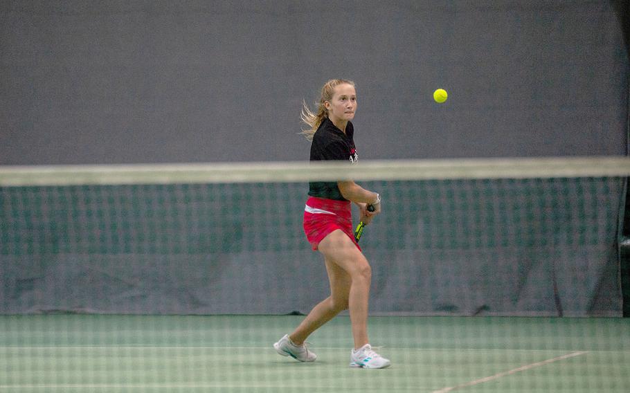 Aiva Schmitz returns a volley during the semifinals of the DODEA-Europe tennis championships in Wiesbaden, Germany, Friday, Oct. 26, 2018.