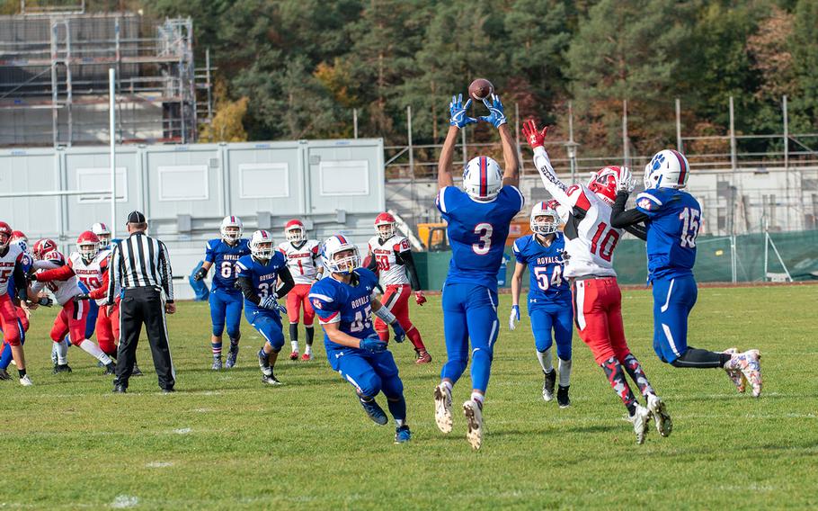 Nader Eaves makes an interception during the Ramstein vs Kaiserslautern football game at Ramstein, Germany, Saturday, Oct. 27, 2018.
