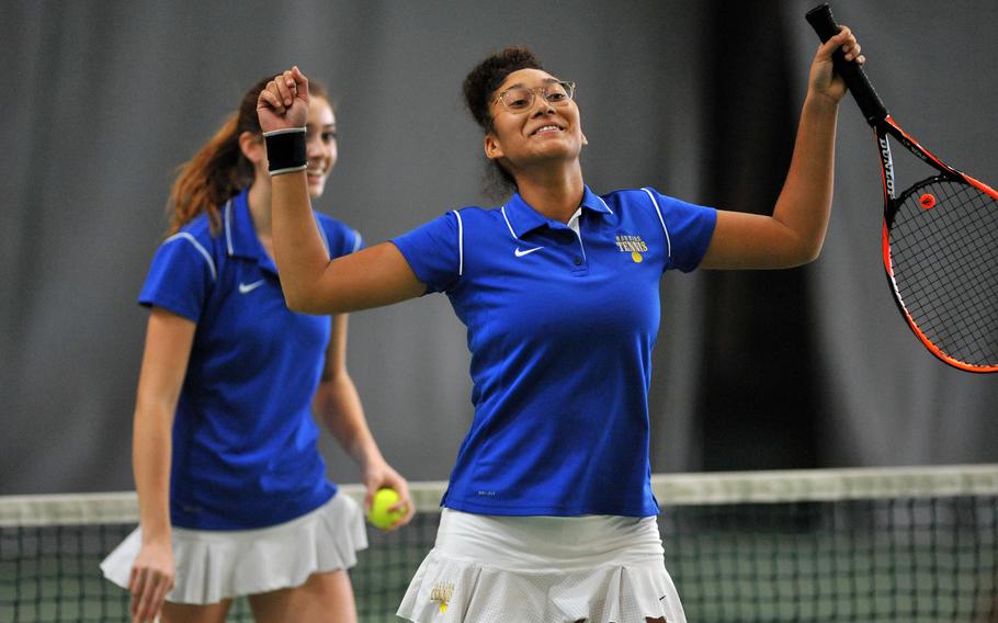 Wiesbaden's Melissa Pritchett, right, and Shelby Albers celebrate after defeating Kaiserslautern's Victoria Thais-Lopez and Taylor Larned 6-3, 6-1 in the girls doubles final at the DODEA-Europe tennis championships in Wiesbaden, Germany, Saturday, Oct. 27, 2018.