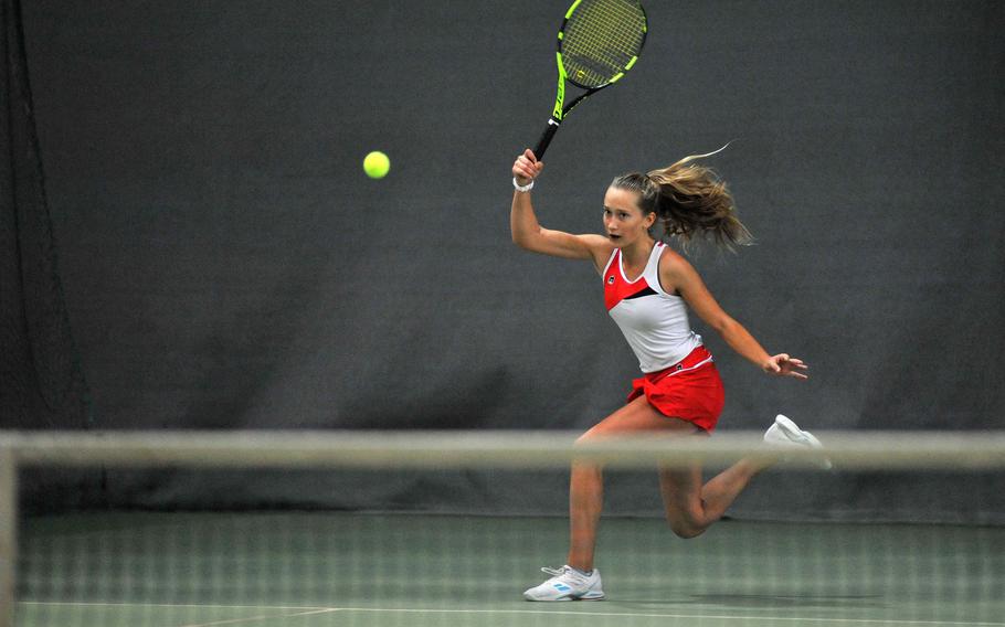 Kaiserslautern freshman Aiva Schmitz returns a shot from Wiesbaden's Charlotte Kordonowy in in the girls final at the DODEA-Europe tennis championships in Wiesbaden, Germany, Saturday, Oct. 27, 2018. Schmitz took the 2018 crown with 7-5, 6-1 win.