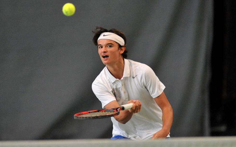 Marymount's Matthias Mingazzini returns a shot against Stuttgart's Amar Tahirovic in the boys final at the DODEA-Europe tennis championships in Wiesbaden, Germany, Saturday, Oct. 27, 2018. The defending champ fell to Tahirovic 6-4, 6-2.