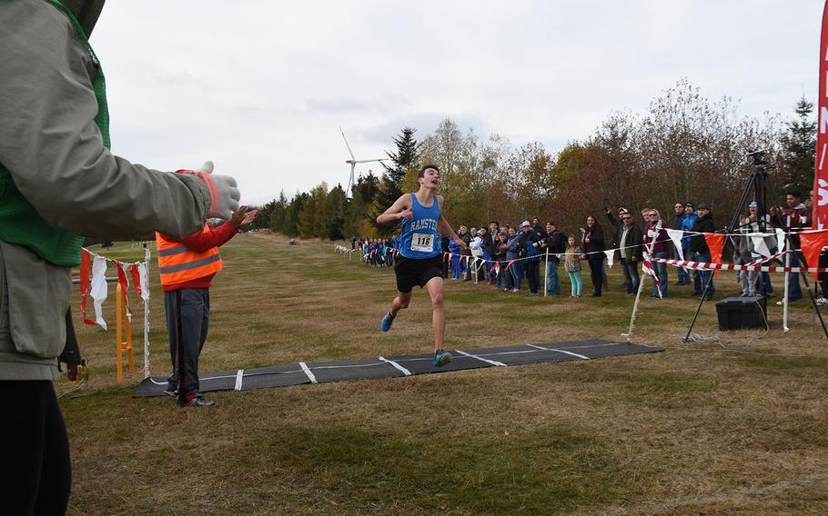 Ramstein's Dashiell Rogers won the 2018 DODEA-Europe boys cross country championship race on Saturday, Oct. 27, 2018, at Baumholder, Germany. Rogers set a new course record of 16:16.68.

