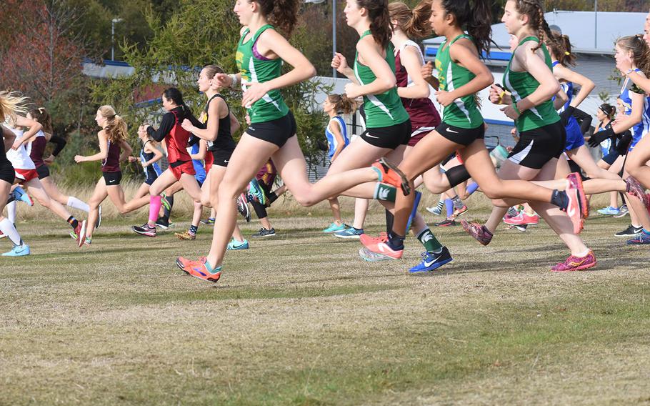 A pack from SHAPE sprints out to a fast start during the 2018 DODEA-Europe cross country championships on Saturday, Oct. 27, 2018, at Baumholder, Germany.
