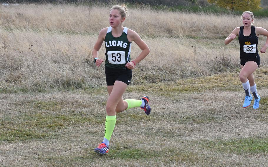 St. John's Abigail Michalec ran out to an early lead and an eventual win at the 2018 DODEA-Europe cross country championships on Saturday, Oct. 27, 2018, at Baumholder, Germany. Trailing Michalec was Stuttgart's McKinley Fielding, who finished third.
