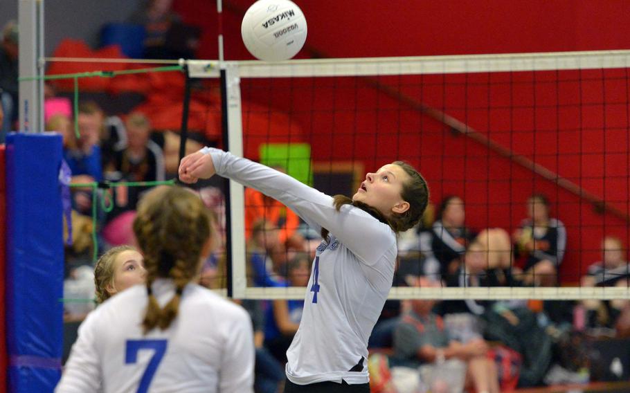 Olivia Friedhoff bumps the ball to a teammate in the Brigands'  17-25, 25-20, 25-22,26-24 victory over Alconbury in a Division III semifinal at the DODEA-Europe volleyball finals in Kaiserslautern, Germany, Friday, Nov. 2, 2018.