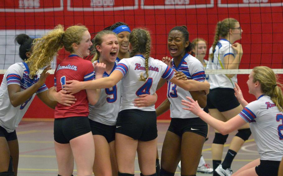 The Ramstein Royals celebrate their 25-10, 25-19, 25-19 Division I semifinal win over Wiesbaden at the DODEA-Europe volleyball finals in Kaiserslautern, Germany, Friday, Nov. 2, 2018. The Royals will face Stuttgart in Saturday's final.