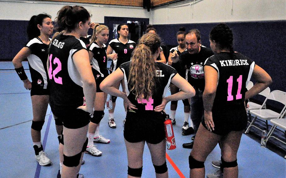 Vicenza coach John Kohut addresses the members of Team Fight in a 2018 DODEA-Europe volleyball all-star match Saturday, Nov. 10, 2018 at Ramstein Air Base, Germany.