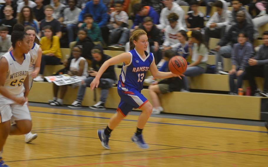 Ramstein's Alexis Tri leads a fast break up the court during a game at Wiesbaden, Germany, on Friday, Nov. 30, 2018.
