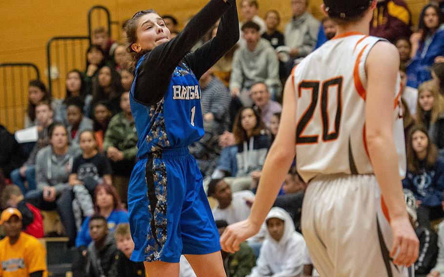 Nina Duvnjak takes a shot during a Division III girls semifinal game between Brussels and Spangdahlem at Wiesbaden High School, Germany, Friday, Feb. 22, 2019. Spangdahlem won the game 46-21. 