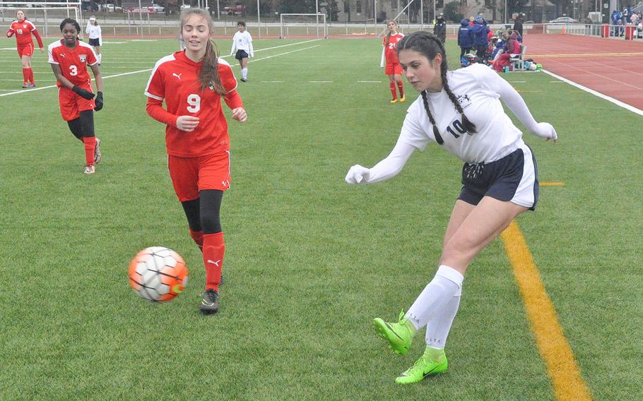 Ramstein Royals junior Rocio Fernandez sends a cross towards the goal in Ramstein's 5-1 defeat of the Kaiserslautern Raiders on Saturday, March 16, 2019, at Kaiserslautern, Germany. Fernandez finished with a three-goal hat trick.  