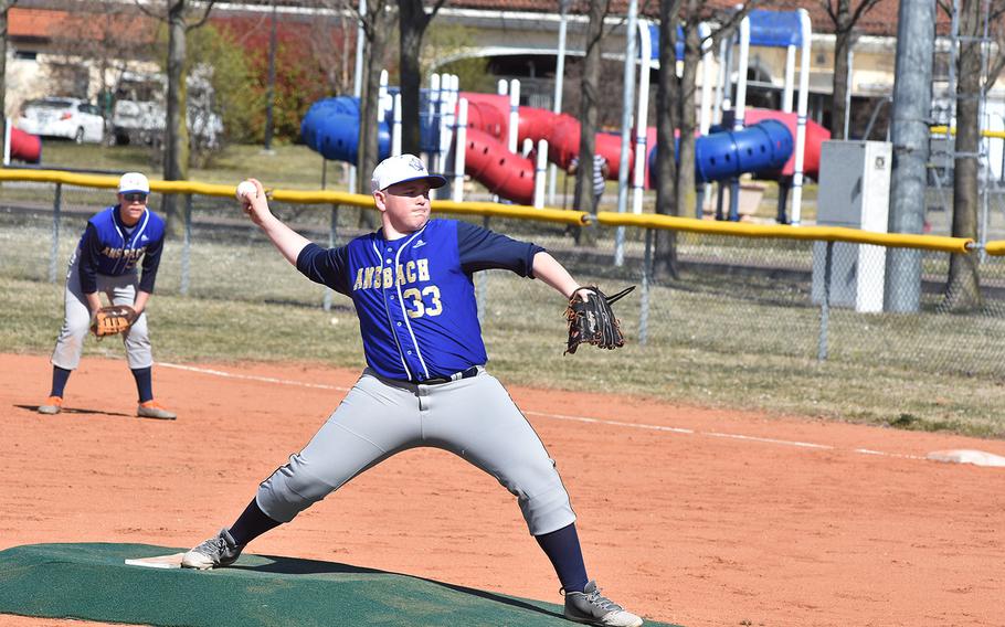 Ansbach's Dustin Martin was a workhorse for the Cougars on Friday, March 29, 2019, pitching in both parts of a doubleheader with Aviano.