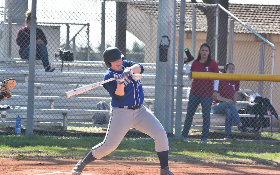Ansbach's Dustin Martin takes a cut at a pitch on Friday, March 29, 2019, in a doubleheader against Aviano.