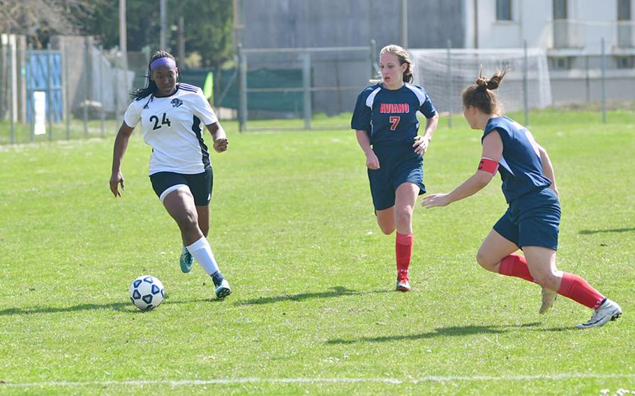 Skye DaSilva-Mathis, a Stuttgart defender, drives toward Aviano's goal during Saturday's game. The Panthers are the current Division I champions and defeated the Saints 7-0.  