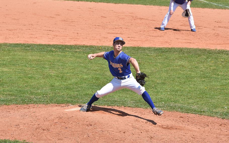 Wiesbaden ace Austin Deckinga struck out seven batters and allowed just one hit in the Warriors' 11-1 victory over Naples on Friday, April 19, 2019.