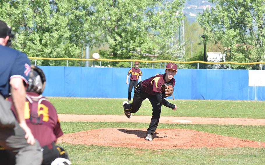 Vilseck starter Nick Kinzie watches his pitch head toward home in the Falcons' 7-6 loss to Vicenza on Friday, April 19, 2019.