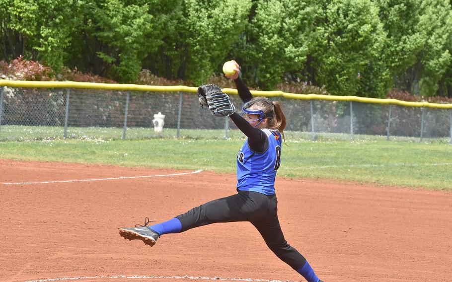 Rota pitcher Savannah Matteson gets set to toss a pitch towards home Saturday, May 4, 2019, during a game against Aviano that was eventually canceled by rain.
