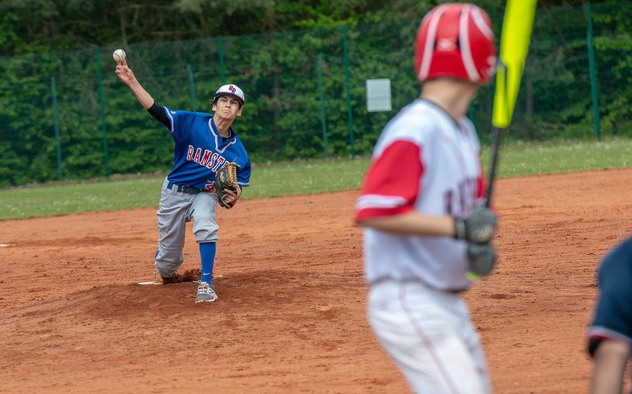 Ramstein's Miles Murphy pitches during a game between Kaiserslautern and Ramstein High Schools, Saturday, May 18, 2019, at Kapaun Air Station, Germany. 
