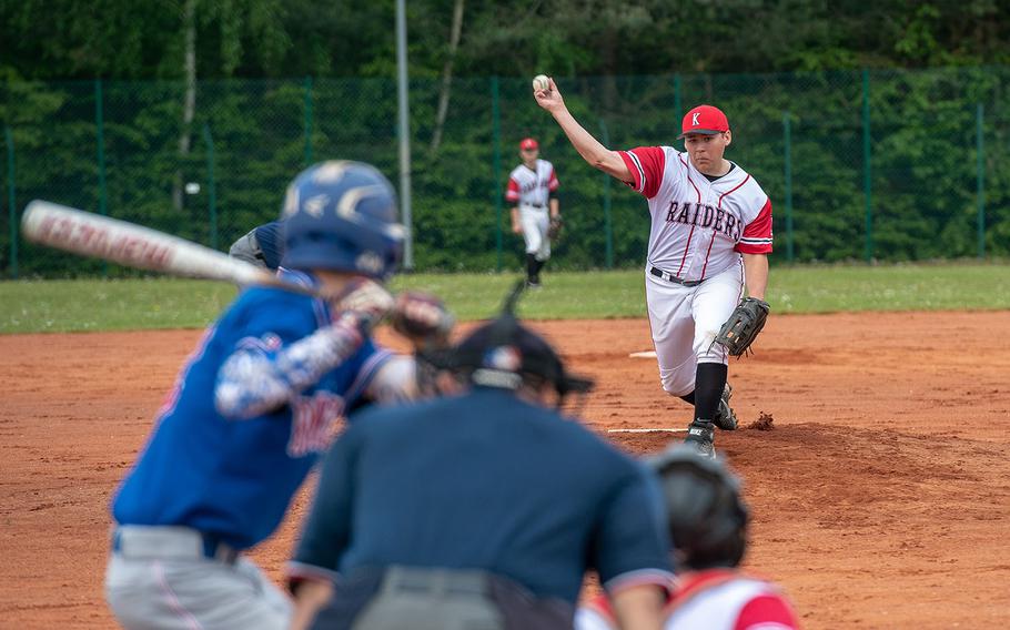 Kaiserslautern's Justice Harper pitches during a game between Kaiserslautern and Ramstein High Schools, Saturday, May 18, 2019, at Kapaun Air Station, Germany. 