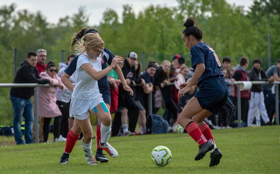 Marymount's Alba Gulino challenges Aviano's Trinity Saenz for the ball during a Division II semifinal game on the third day of the DODEA-Europe soccer championships, Wednesday, May 22, 2019.