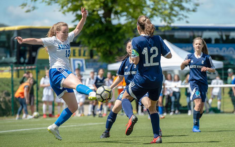 Rota's Nina Furner clears the ball doing a Division II semifinal game against BFA on the third day of the DODEA-Europe soccer championships, Wednesday, May 22, 2019.