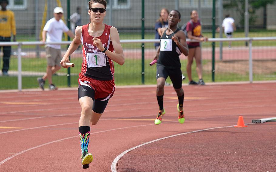 Kaiserslautern's Griffin Parsells speeds around the track as he anchors the Kaiserslautern 4x400-meter relay team at the DODEA-Europe track and field championships. Parsells and teammates Esteban Saldana, Orlando Rojas and Yadiel Rojas won the race in 8 minutes, 18.58 seconds.