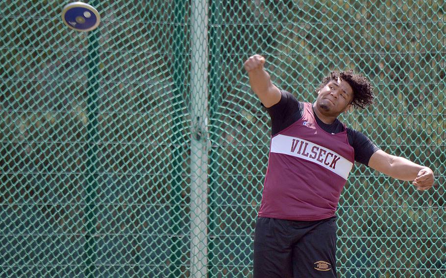 Vilseck's Jonas Matthews took the gold in the discus event at the DODEA-Europe track and field championships with a throw of 144 feet, 1 inch.