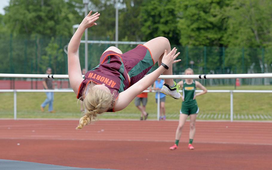 AFNORTH's Victoria Morris won the girls high jump at the DODEA-Europe track and field finals, clearing the bar at 5 feet.








