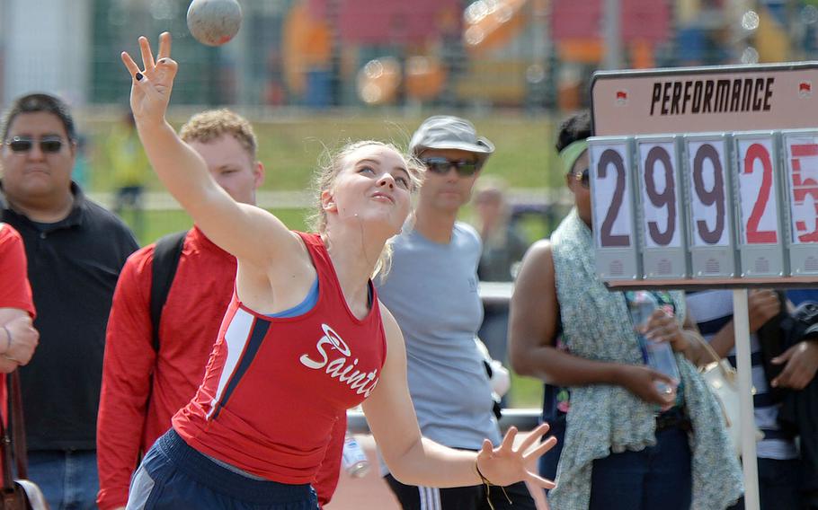 Aviano's Elizebeth Woodruff won the girls shot put completion at the DODEA-Europe track and field finals with a toss of 34 feet, 10 inches.







