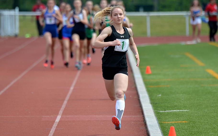 Stuttgart's McKinley Fielding already has a big lead after the first lap on her way to winning the girls 1,600-meter race in a new DODEA-Europe record of 5 minutes, 8.49 seconds at the track and field finals, Friday, May, 24, 2019. Fielding took the bronze in the 800-meter race.