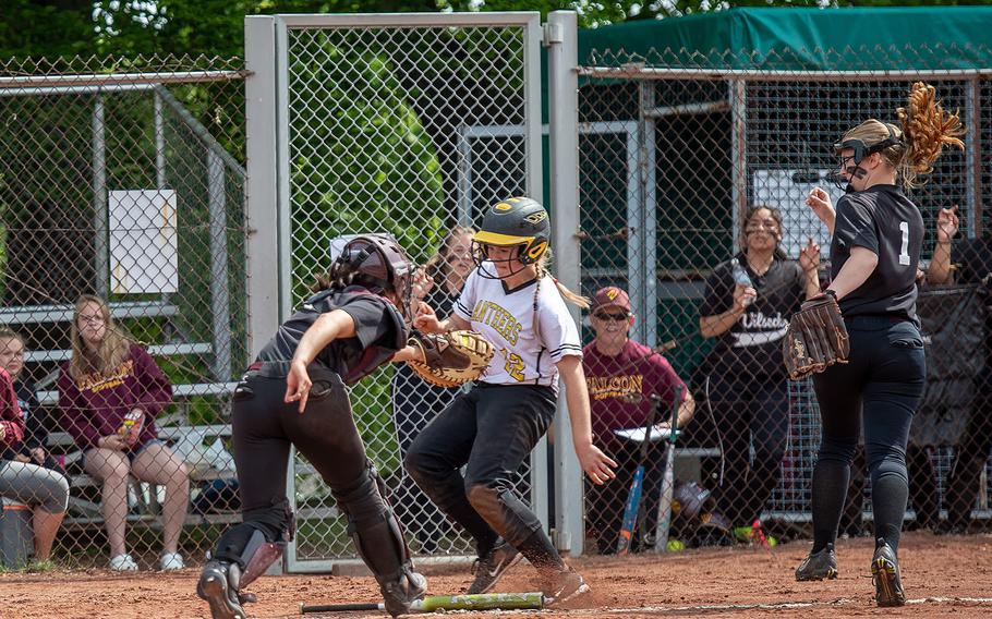 Stuttgart's Kieley Shull is tagged out at home during a game against Vilseck on Day 2 of the girls Division I DODEA-Europe softball championships, Friday, May 24, 2019. 