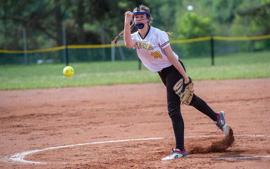 Stuttgart's Rebekah Johnson releases a pitch during a game against Vilseck on Day 2 of the girls Division I DODEA-Europe softball championships, Friday, May 24, 2019. 
