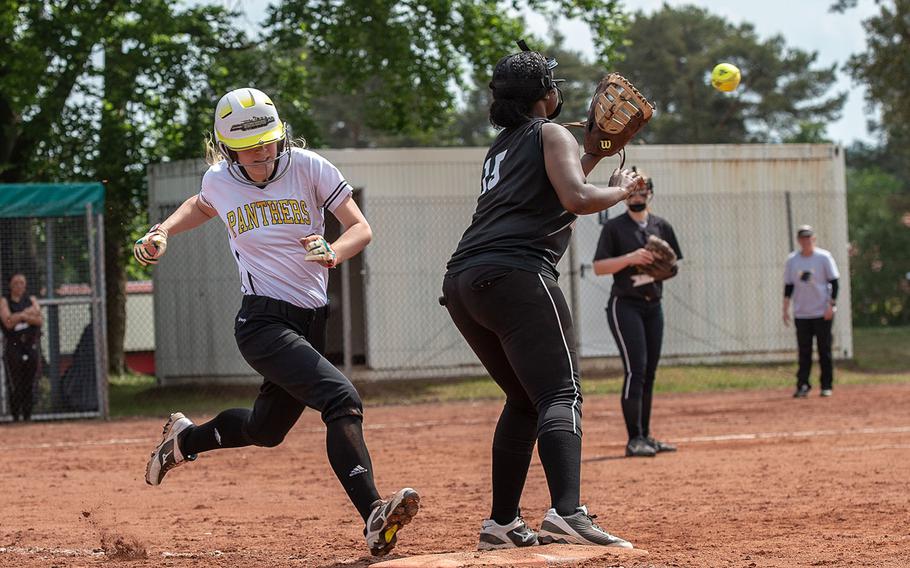 A Stuttgart runner beats the throw to first during a game against Vilseck on Day 2 of the girls Division I DODEA-Europe softball championships, Friday, May 24, 2019. 