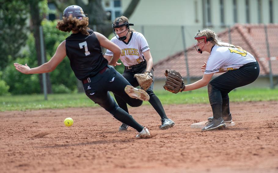 Vilseck's Cecelia Jackson steals second base during a game against Stuttgart on Day 2 of the girls Division I DODEA-Europe softball championships, Friday, May 24, 2019. 