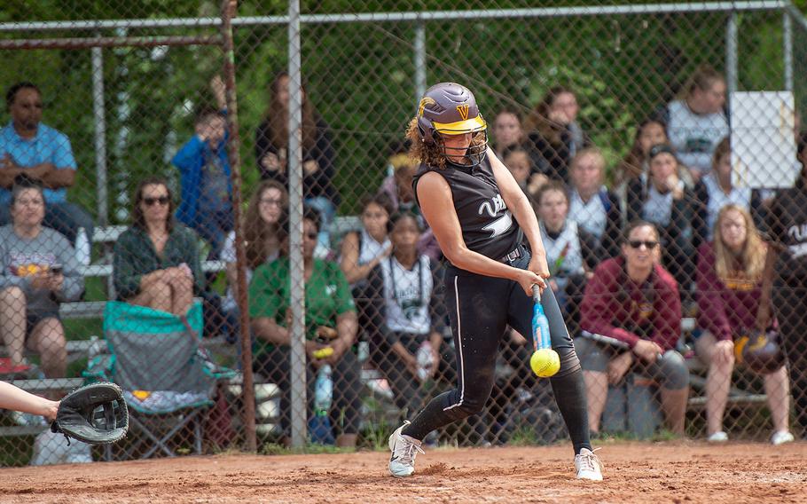 A Vilseck player tips the ball with her bat during a game against Stuttgart on Day 2 of the girls Division I DODEA-Europe softball championships, Friday, May 24, 2019. 