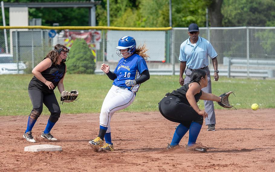 Sigonella's Hannah Davis approaches second during a game against Hohenfels on Day 2 of the girls Division II/III DODEA-Europe softball championships, Friday, May 24, 2019. 