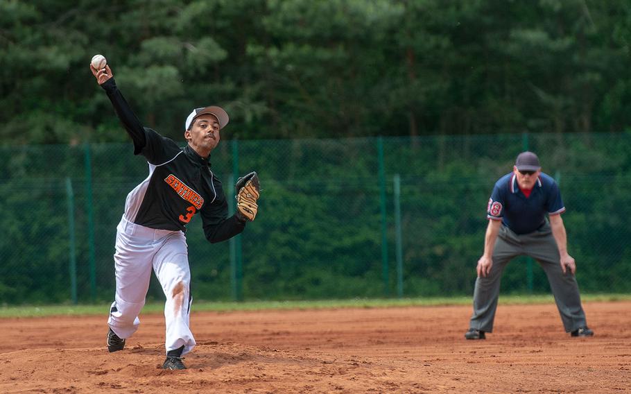 Spangdahlem's Eddie Dejesus throws a pitch during a game against Hohenfels on Day 2 of the boys Division II/III DODEA-Europe baseball championships, Friday, May 24, 2019. 