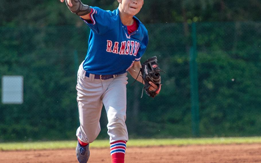 Ramstein's Ethan Smith throws a pitch during a game against Wiesbaden on Day 2 of the boys Division I DODEA-Europe baseball championships, Friday, May 24, 2019. 