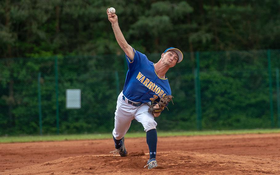 Wiesbaden's Austin Deckinga throws a pitch during a game against Ramstein on Day 2 of the boys Division I DODEA-Europe baseball championships, Friday, May 24, 2019. 