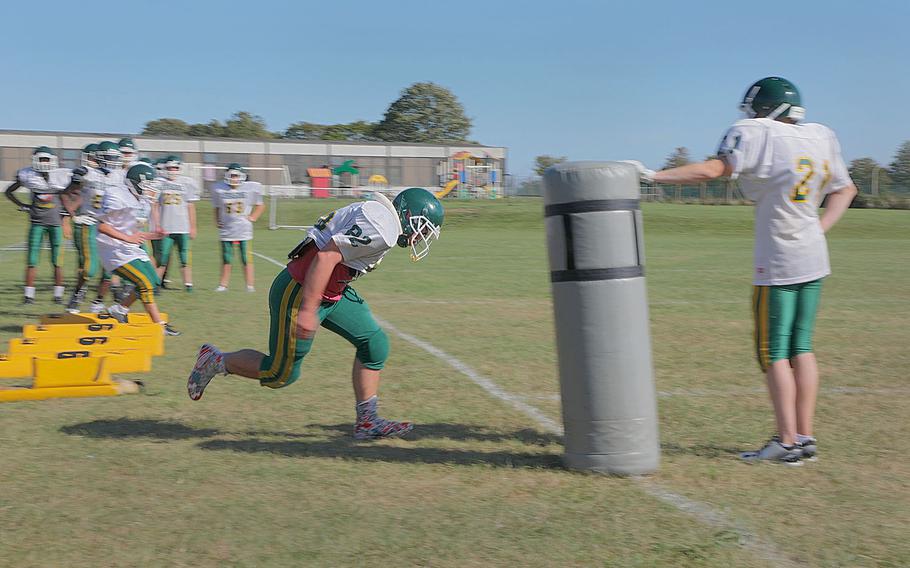 Alconbury Dragon football players conduct drills during practice Tuesday Sept. 3, 2019 on RAF Alconbury.
