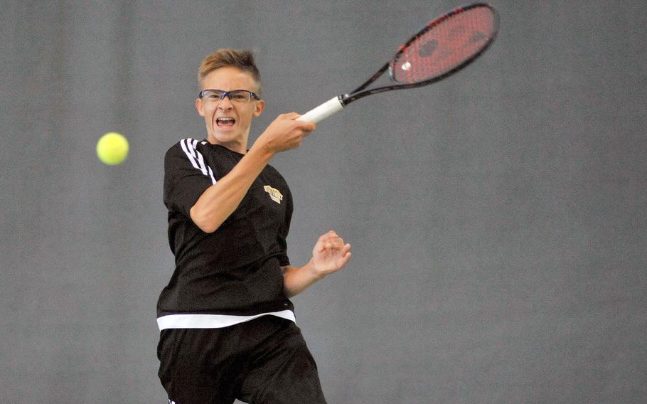 Stuttgart's Amar Tahirovic returns a shot in last year's boys final at the DODEA-Europe tennis championships in Wiesbaden, Germany, in October. Tahirovic will be back for the Panthers this season to try to defend his title.
