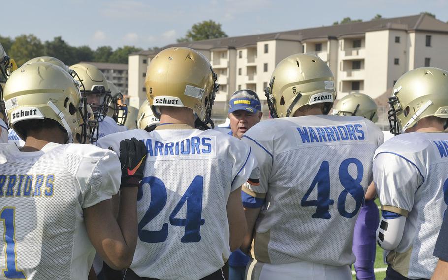 Head coach Steve Jewell addresses his Wiesbaden Warriors team before a preseason scrimmage Thursday, Aug. 29, 2019, at Ramstein Air Base, Germany. 