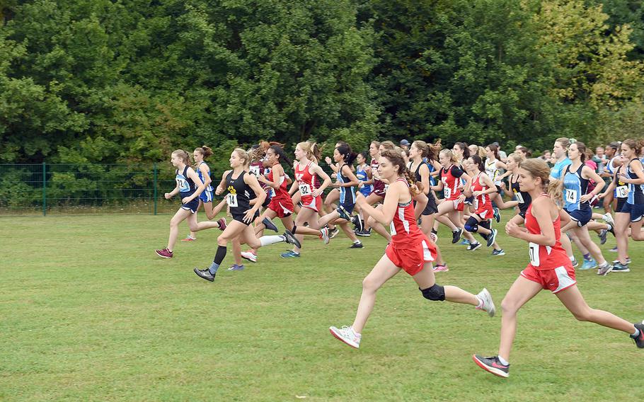 Girls from several schools begin the cross country race at Vilseck, Germany, Saturday, Sept. 7, 2019.