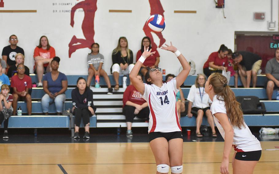 Aviano setter Jasmine Vasquez gets her team's attack started Saturday, Sept. 14, 2019, during a three-set victory over Rota.