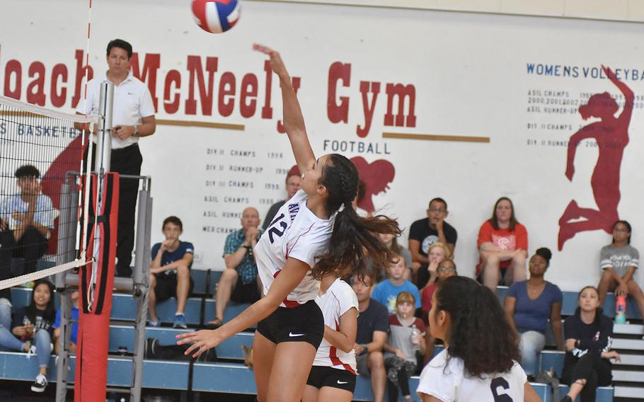 Mikyla Harkley hasn't been an Aviano Saint for very long. But the junior who just transferred in from New Mexico made up for lost time Saturday, Sept. 14, 2019, with a handful of key plays in the Saints' three-set victory over Rota.