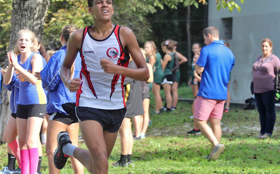 William Davis of the American Overseas School of Rome crosses the finish line during Saturday, Sept. 14, 2019,  cross country meet that was held at San Floriano Parco Rurale in Polcenigo, Italy. 