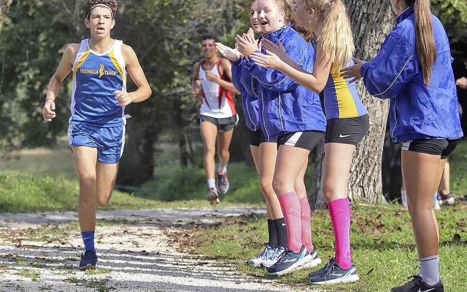 Anthony Cassar of Sigonella High School crosses the finish line during Saturday, Sept. 14, 2019, cross country meet that was held at San Floriano Parco Rurale's running course in Polcenigo, Italy.