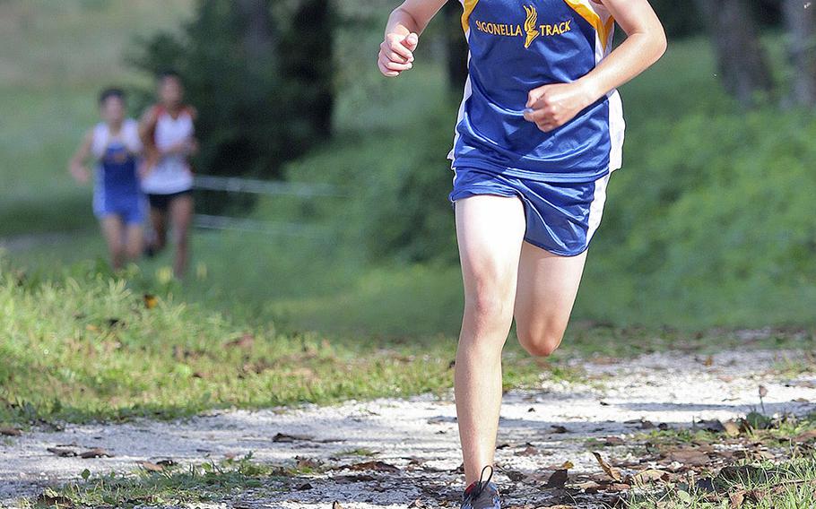 Saul Johnson from Sigonella approaches the finish line during Saturday, Sept. 14, 2019,  cross country meet that took place at San Floriano Parco Rurale, in Polcenigo, Italy.  Johnson placed first with a time of 18:53, which was 1:27 short of the course record of 17:26. 