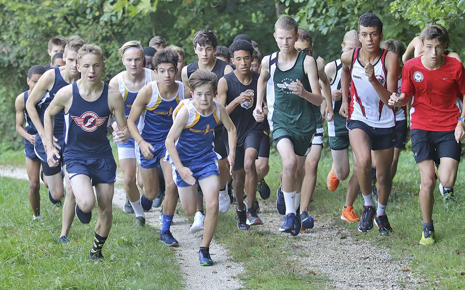 Boys from four Department of Defense Education Activity schools start a cross country race at the San Floriano Parco Rurale's running course in Polcenigo, Saturday, Sept. 14, 2019. In total, 29 runners participated. 